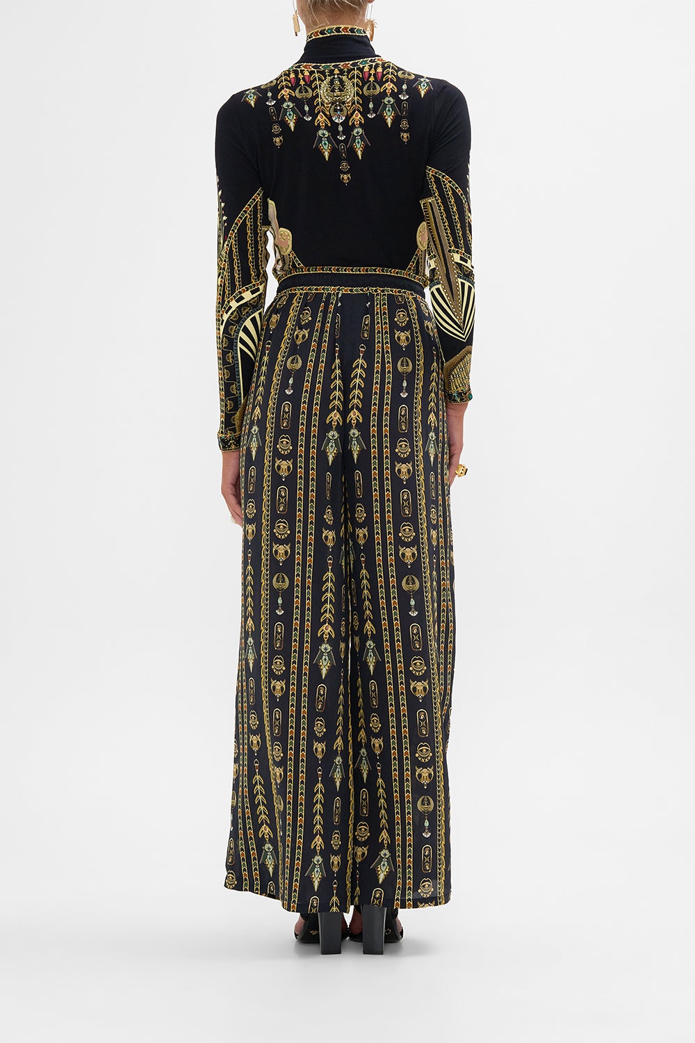 CAMILLA Black/Gold Jersey Turtleneck in They Called Her Nefertari print