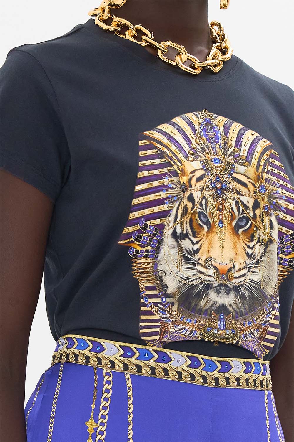 CAMILLA Black Slim Fit Round Neck T Shirt in My Fair Pharaoh print.