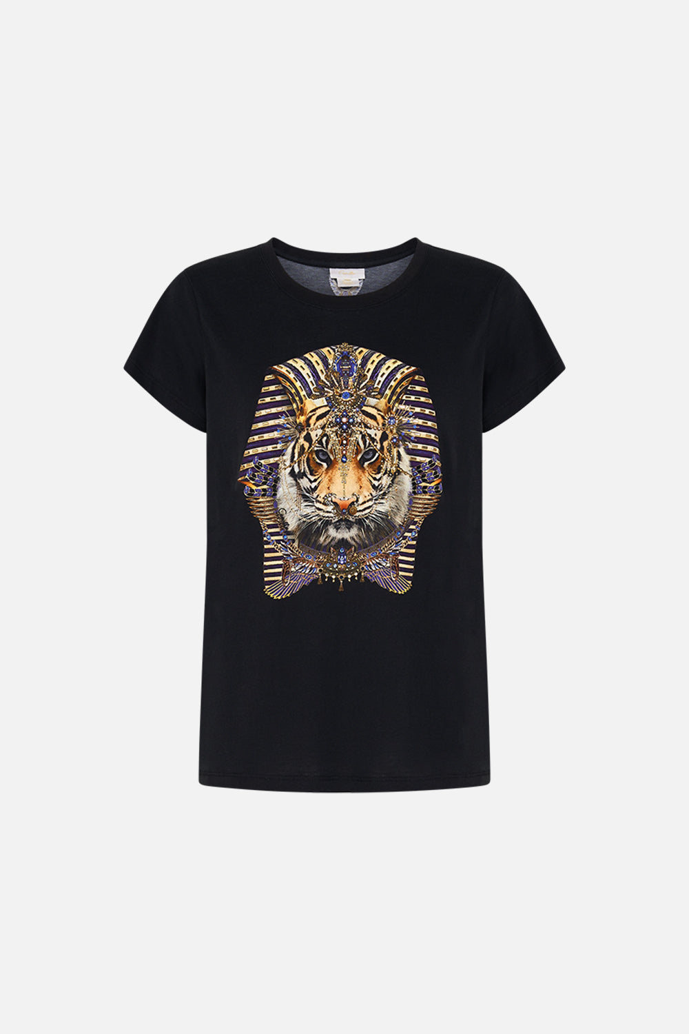 CAMILLA Black Slim Fit Round Neck T Shirt in My Fair Pharaoh print.
