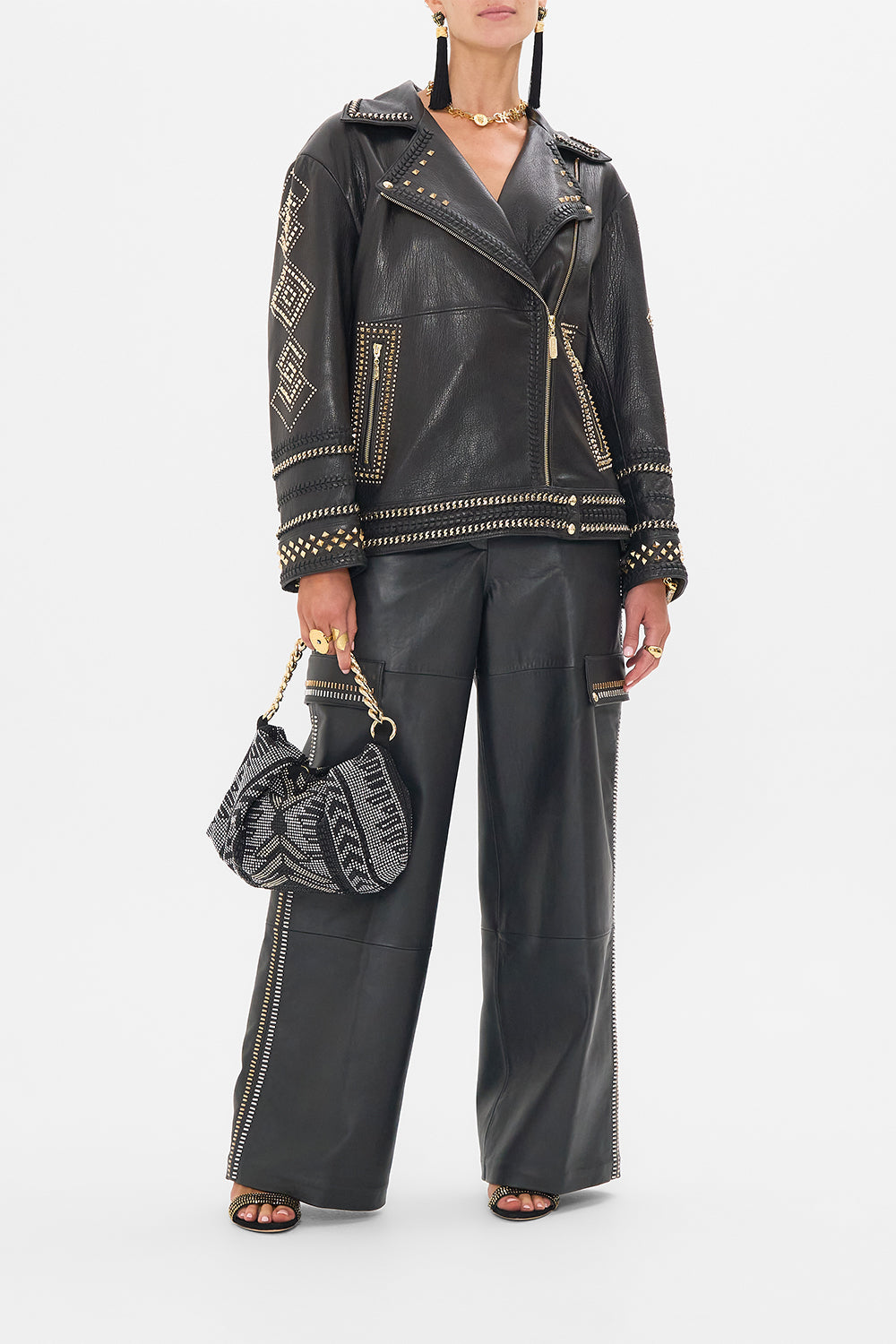 CAMILLA Black/Gold Oversized Leather Biker Jacket in They Called Her Nefertari print
