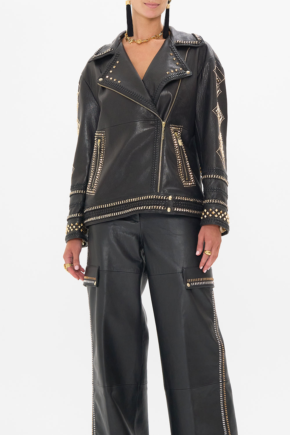 CAMILLA Black/Gold Oversized Leather Biker Jacket in They Called Her Nefertari print