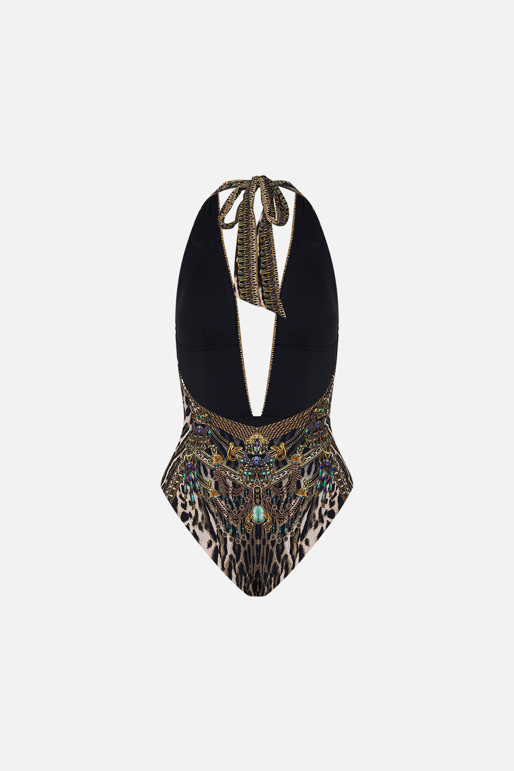 CAMILLA plunge front halter one piece with trim in Cat Worship print.