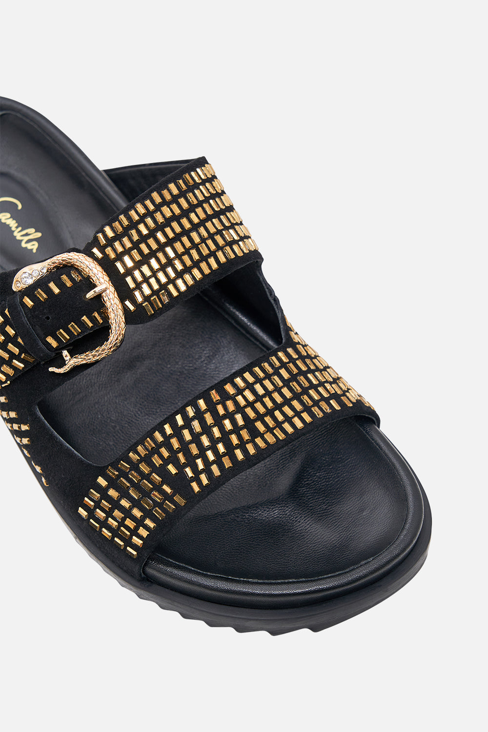 CAMILLA Alisa snake buckle sandal in Solid Black print