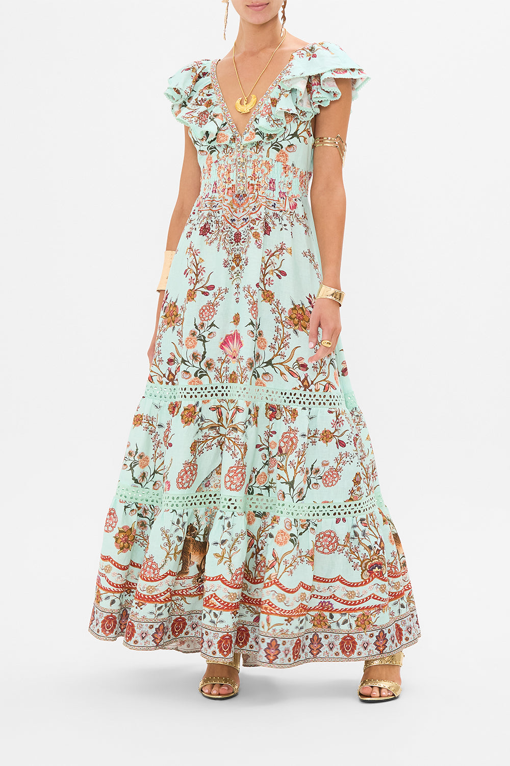 CAMILLA Tiered Dress with Neck Frill in Weaving Worlds print