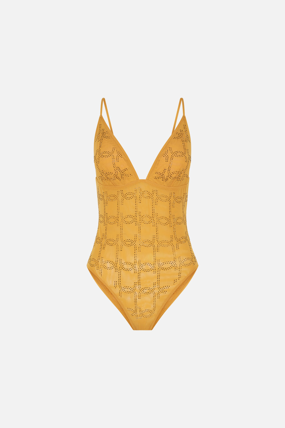 CAMILLA Mesh Tri Bodysuit in Gold print