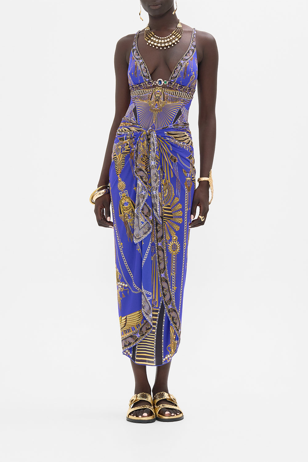 CAMILLA Layered Long Sarong With Front Tie in My Fair Pharaoh print.
