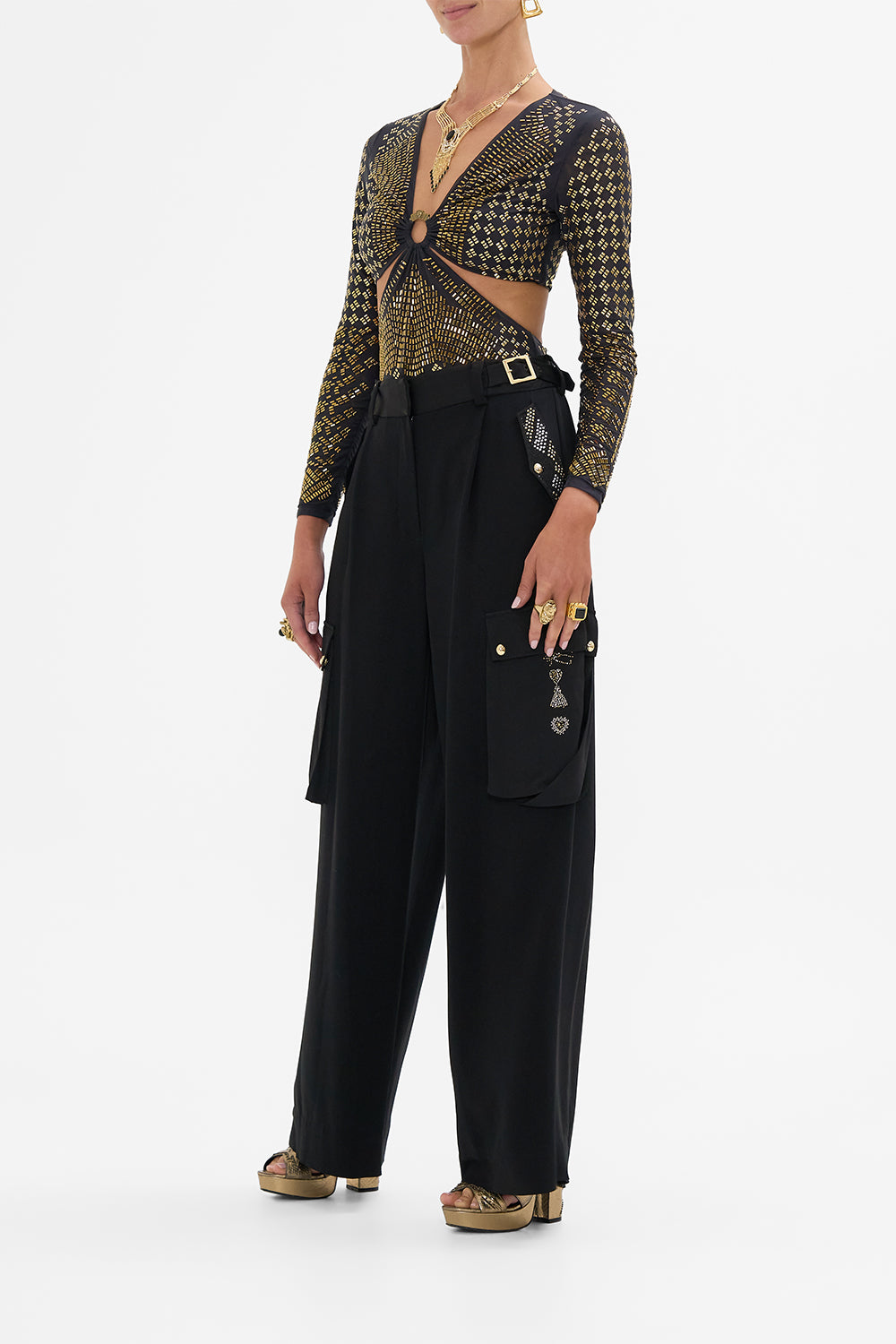 CAMILLA Black/Gold Mesh Cut-Out Bodysuit with Trim in They Called Her Nefertari print