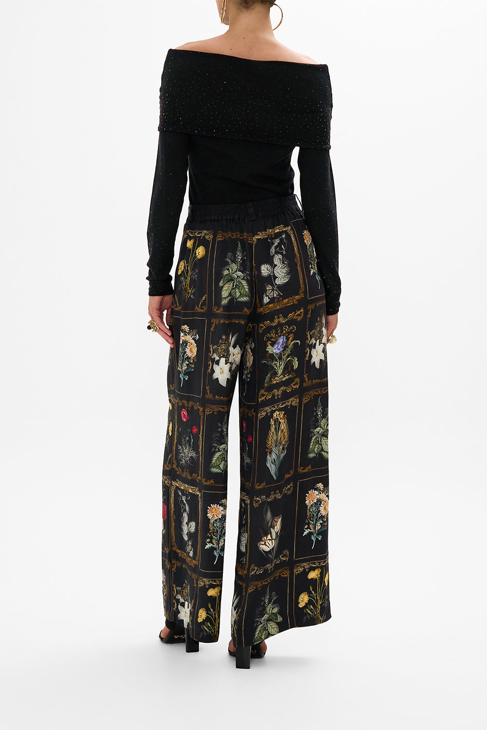 CAMILLA multicolor off-shoulder knit top in Magic In The Manuscripts print.