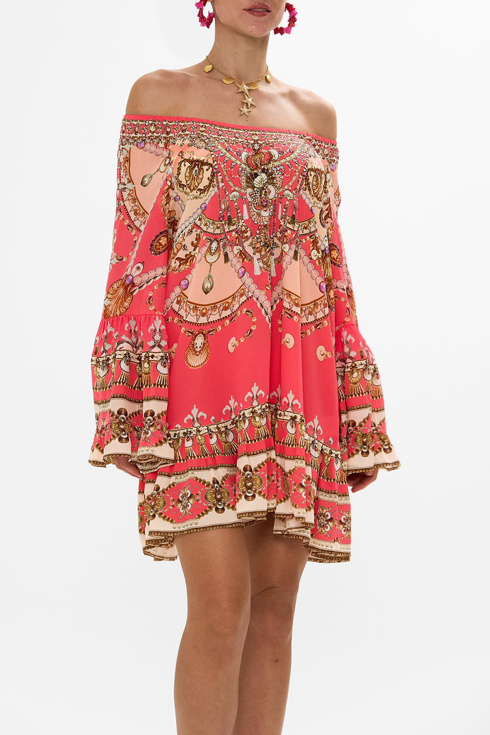 CAMILLA floral blouson blouse with neck tie in Stitched in Time print.