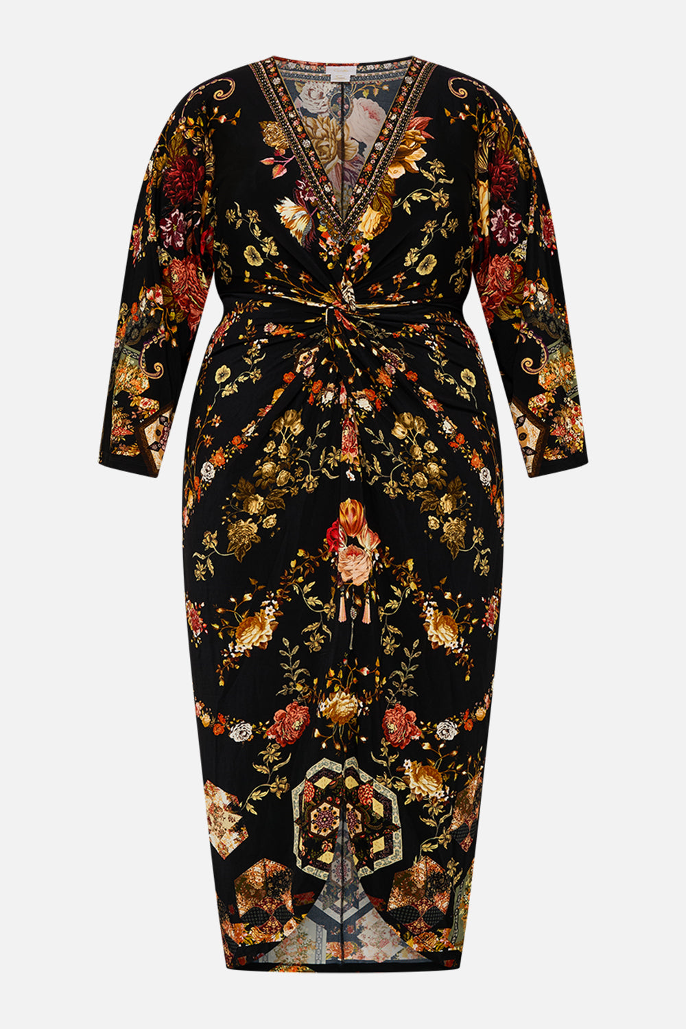 CAMILLA multicolor long split-front twist dress in Stitched In Time print.