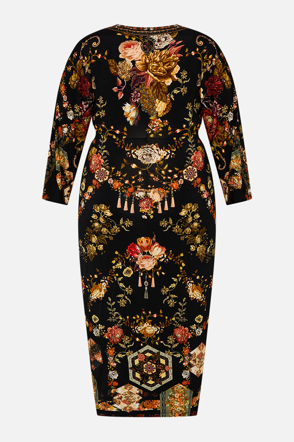 CAMILLA multicolor long split-front twist dress in Stitched In Time print.