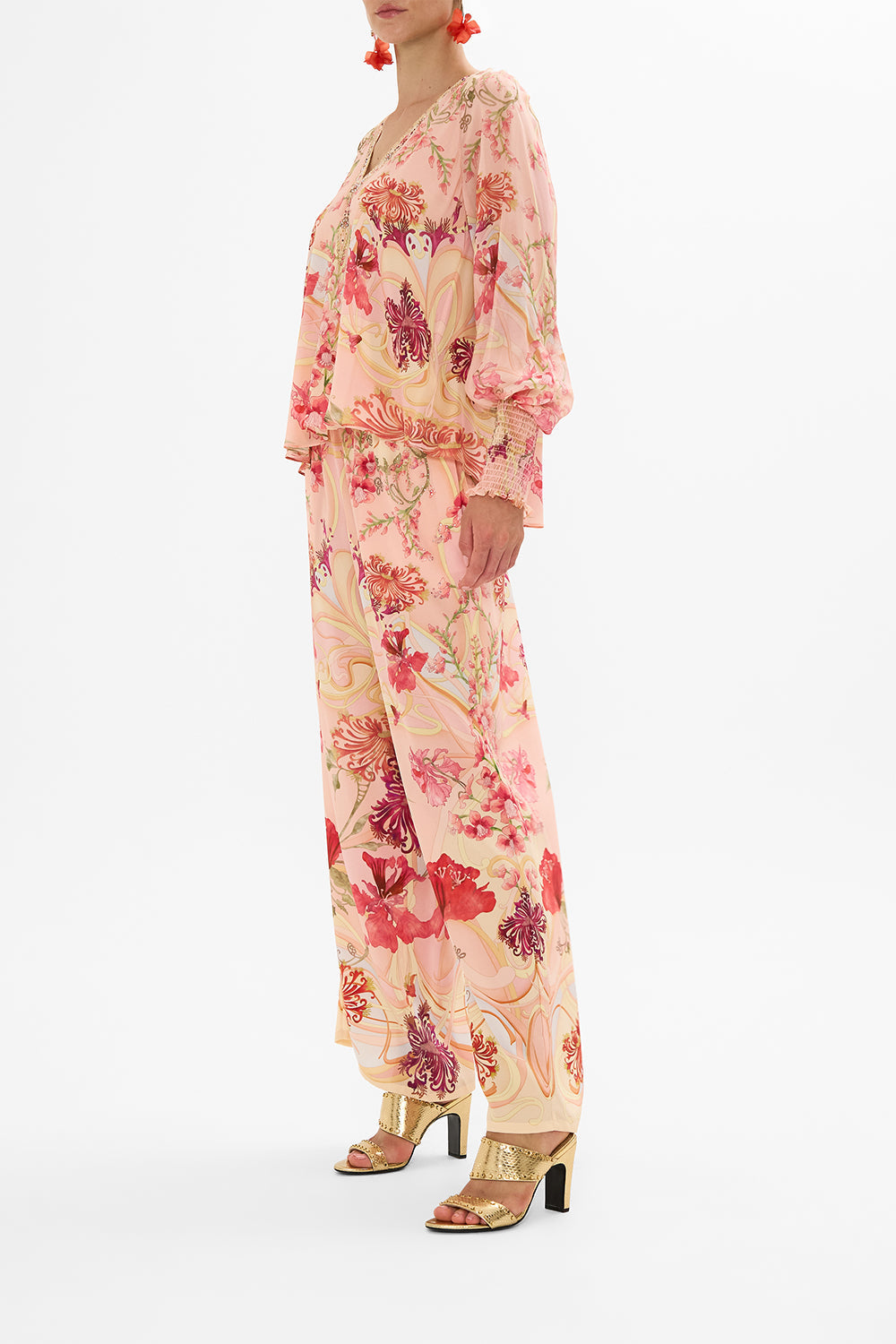 CAMILLA Floral Shirred Cuff Blouse in Blossoms and Brushstrokes print