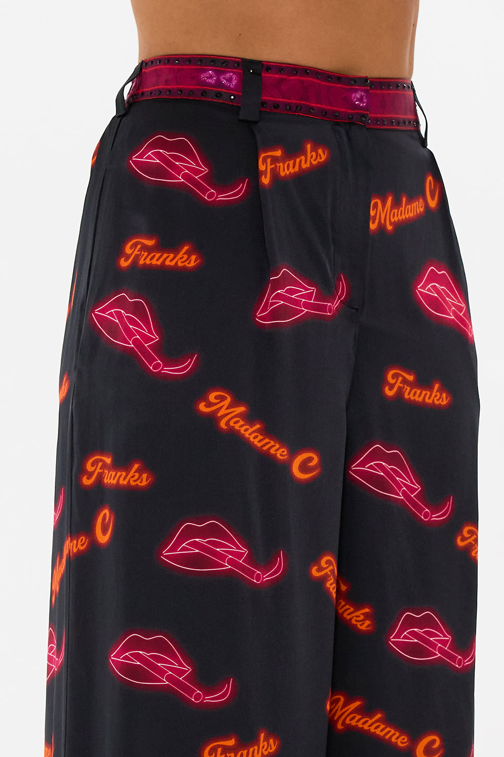 CAMILLA black wide leg waisted pant in Electric Loveland print