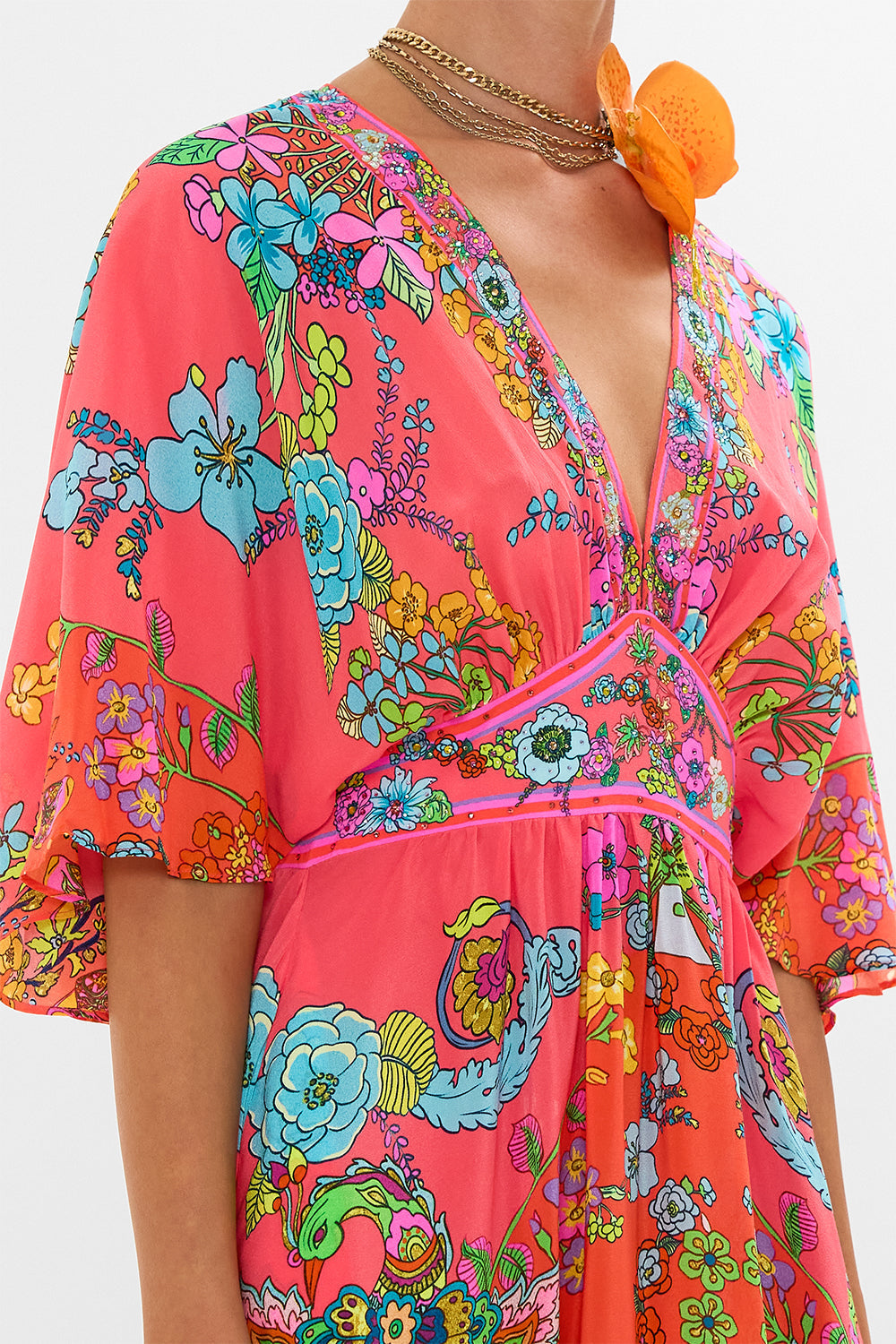 CAMILLA Pink Waisted Dress with Hem Ruffle in Windmills and Wildflowers