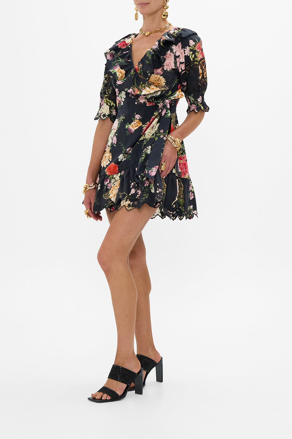 MINI WRAP DRESS WITH PUFF SLEEVE ADORNED IN ALEXANDRIA