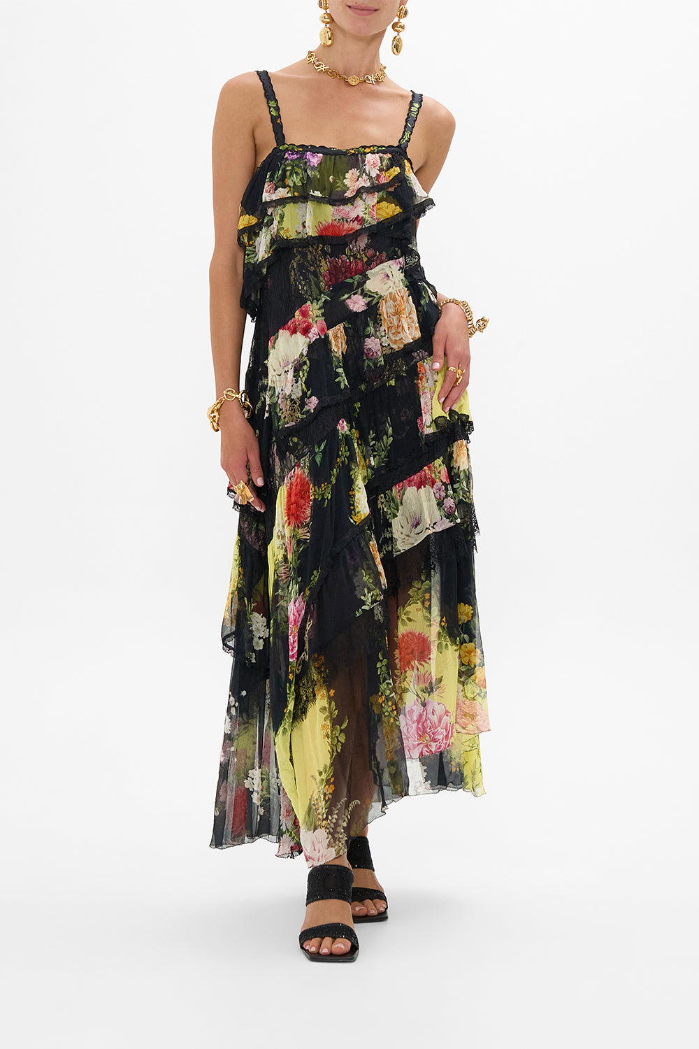 CAMILLA Asymmetric Spliced Lace Dress in Adorned In Alexandria print
