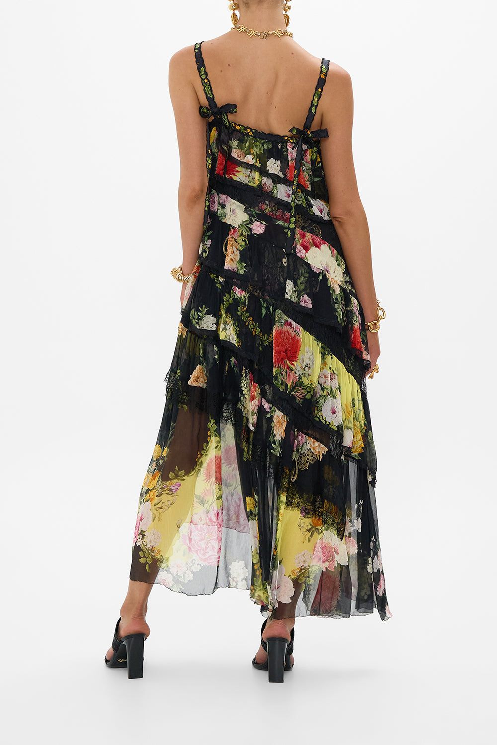 ASYMMETRIC SPLICED LACE DRESS ADORNED IN ALEXANDRIA