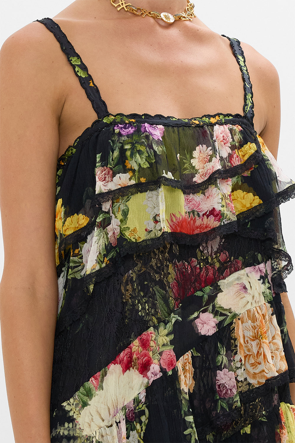 ASYMMETRIC SPLICED LACE DRESS ADORNED IN ALEXANDRIA