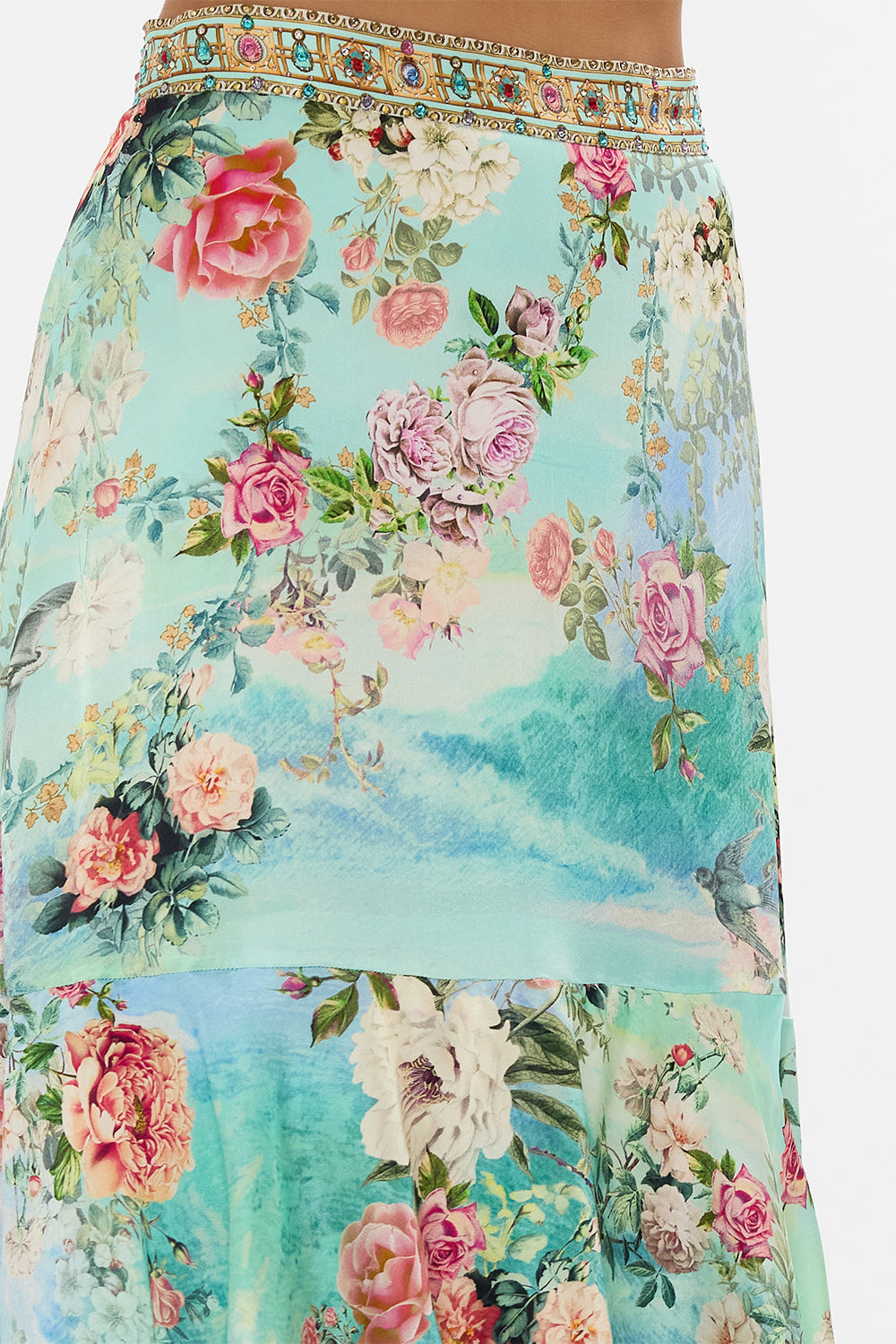 CAMILLA Tiered ruffle skirt in The jewellery museum print.