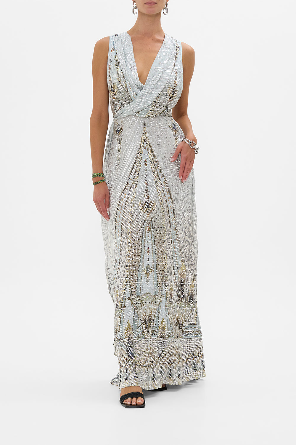 CAMILLA Sleeveless Draped T Back Long Dress in Sahara Starlet print