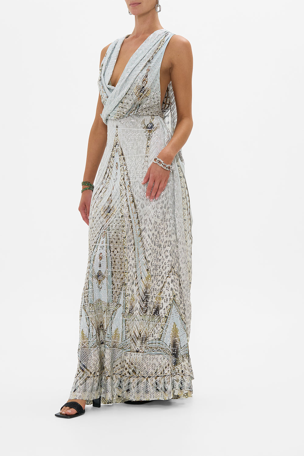 SLEEVELESS DRAPED T BACK LONG DRESS SAHARA STARLET