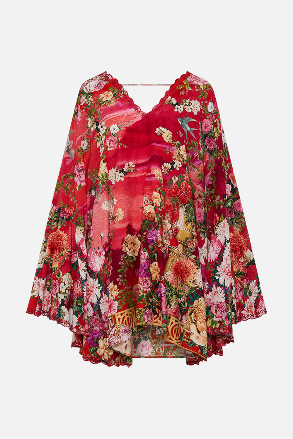 CAMILLA Short v neck ruffle kaftan in Sweet home Alexandria print.