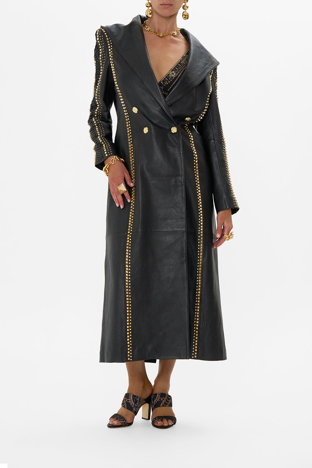 CAMILLA Long Leather Coat With Hood in Call Me Cleopatra print