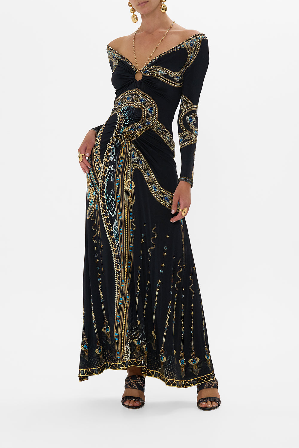 CAMILLA Ruched Jersey Dress With Hardware And Chain in Call Me Cleopatra print