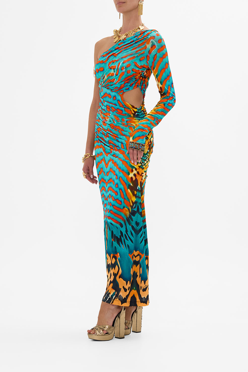 CAMILLA One Shoulder Jersey Cut Out Dress in Desert Visions print.