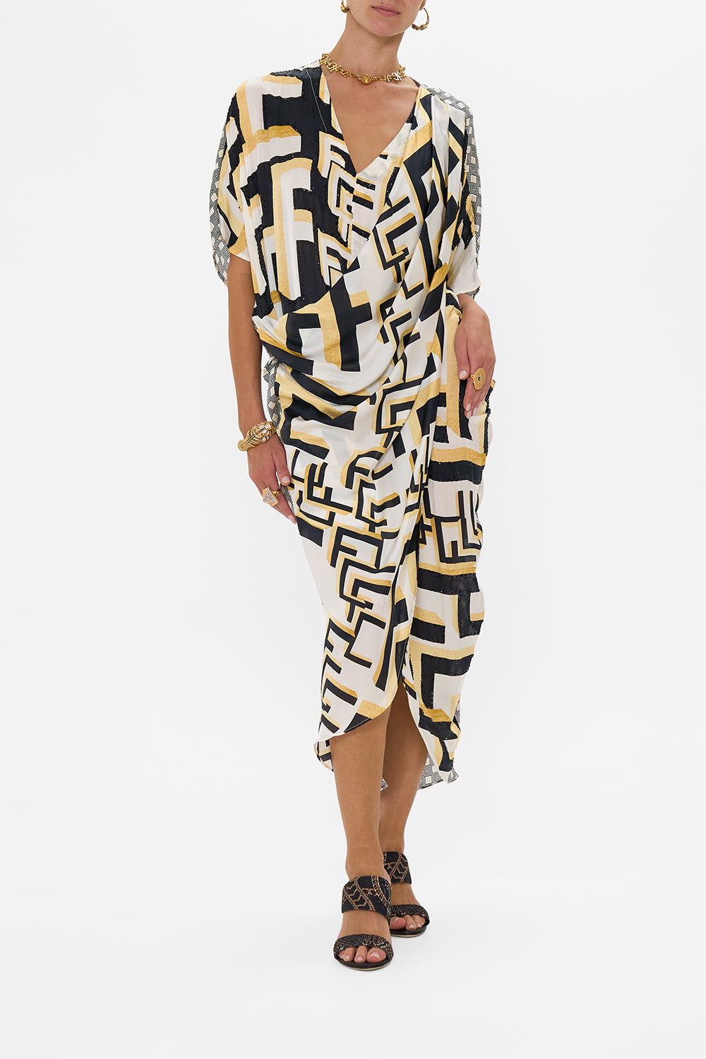 CAMILLA V Neck Gathered Shoulder Draped Kaftan in Temples Of Dendara print