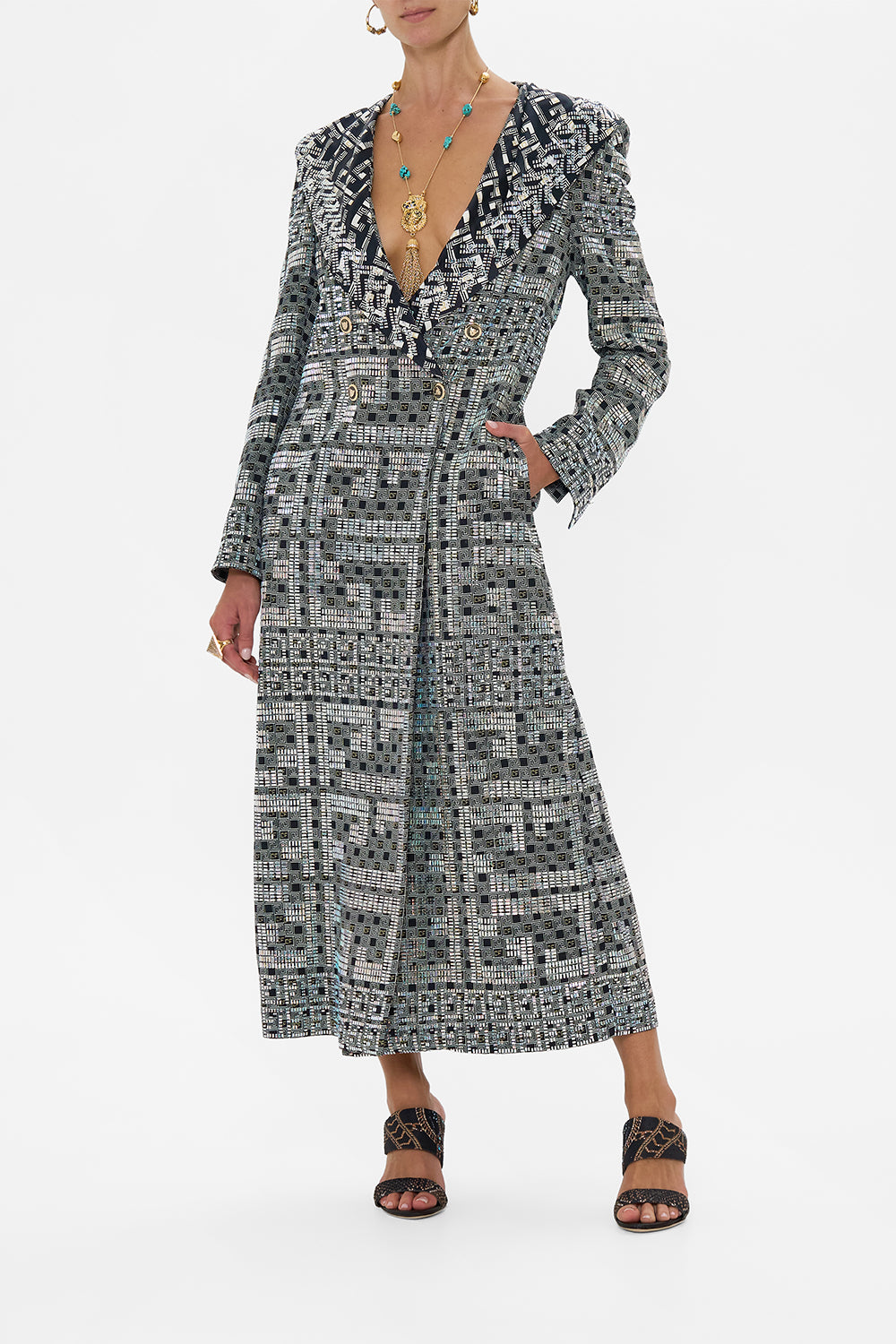 CAMILLA Long Coat With Hood in Read My Glyphs print