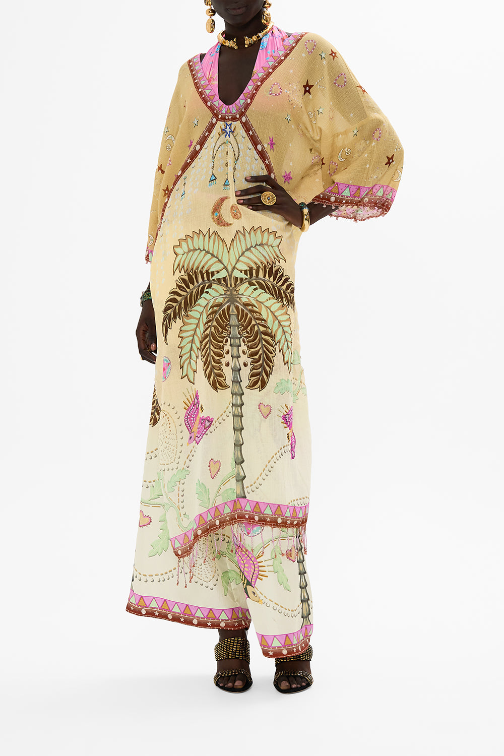 CAMILLA Knot Trimmed Kaftan in Aswan Abstract print