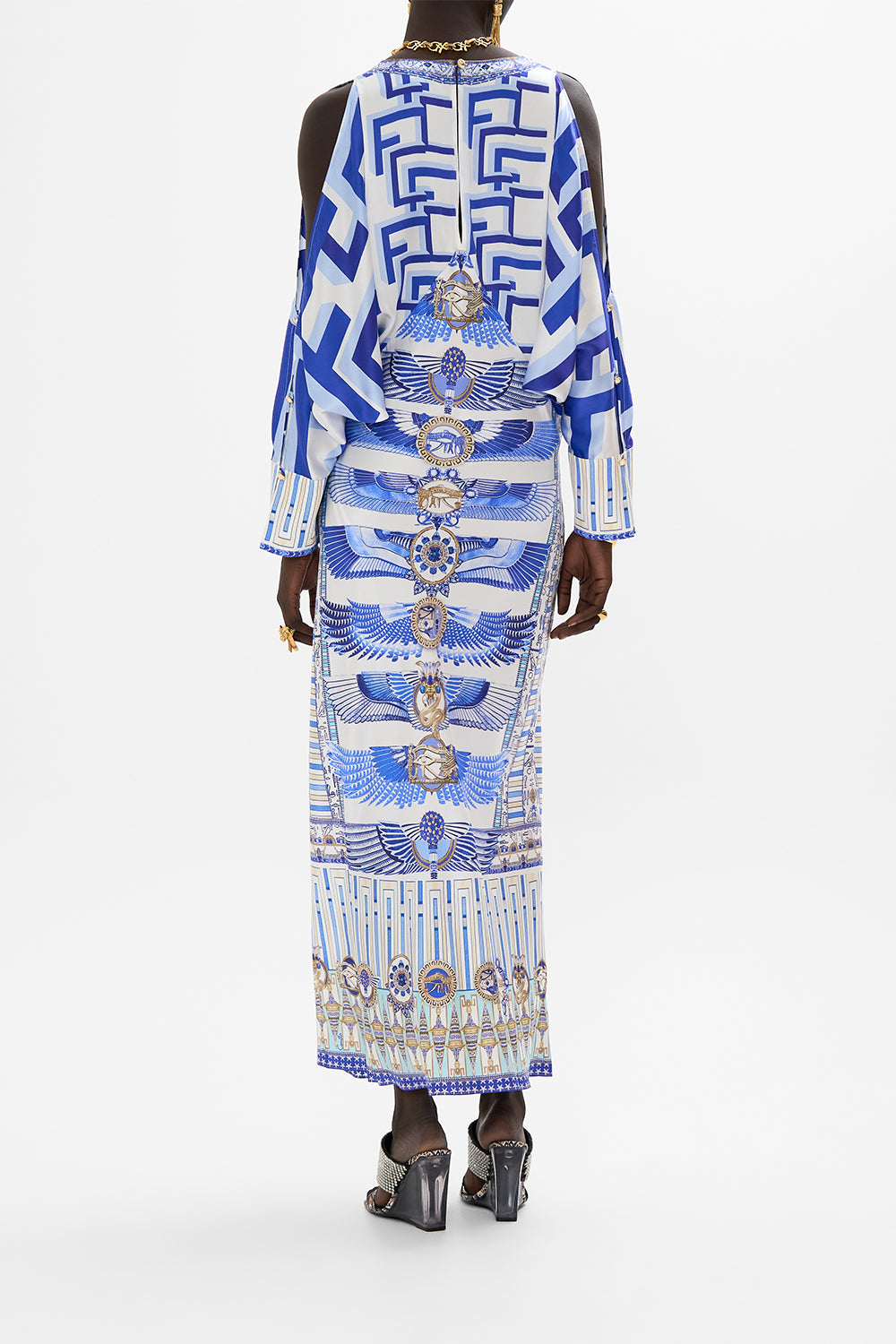 CAMILLA Plunge Neck Draped Shoulder Dress in Dancing With Daylight Print.