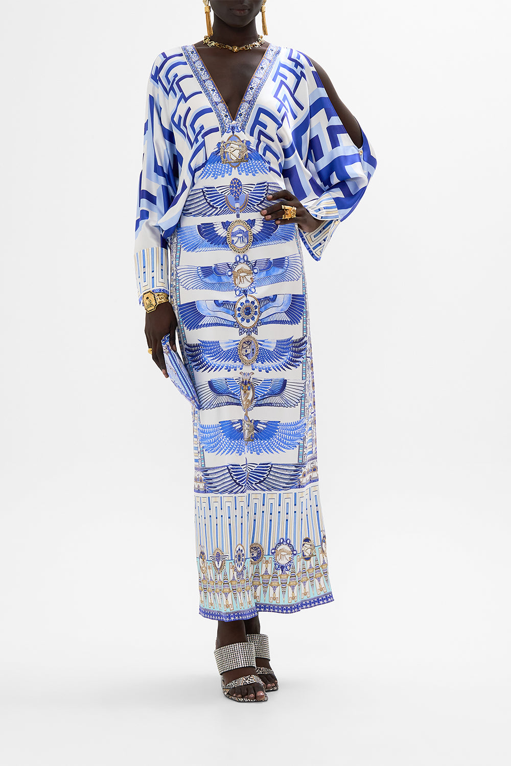 CAMILLA Plunge Neck Draped Shoulder Dress in Dancing With Daylight Print.