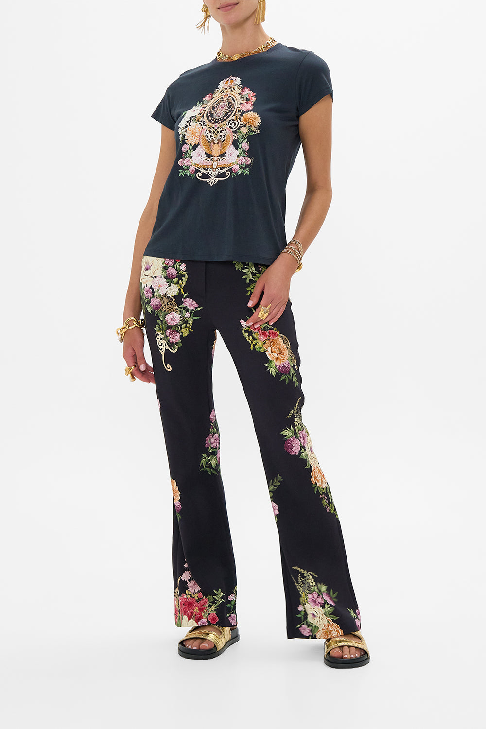CAMILLA Full Length Flared Pant in Adorned In Alexandria print