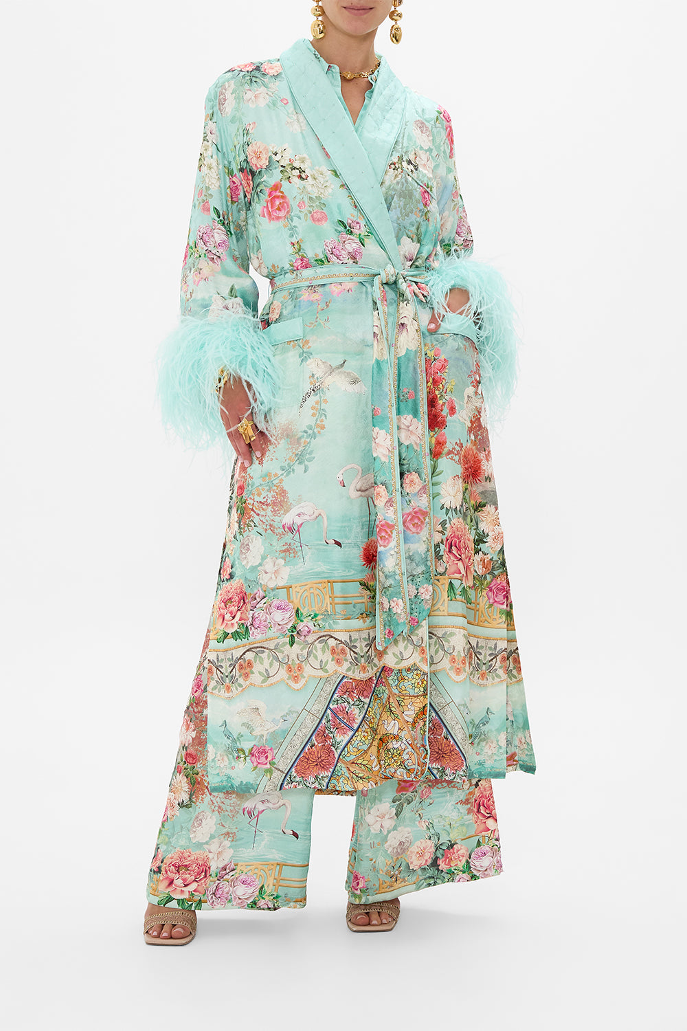 CAMILLA Long Robe With Flared Sleeve in The Jewellery Museum print