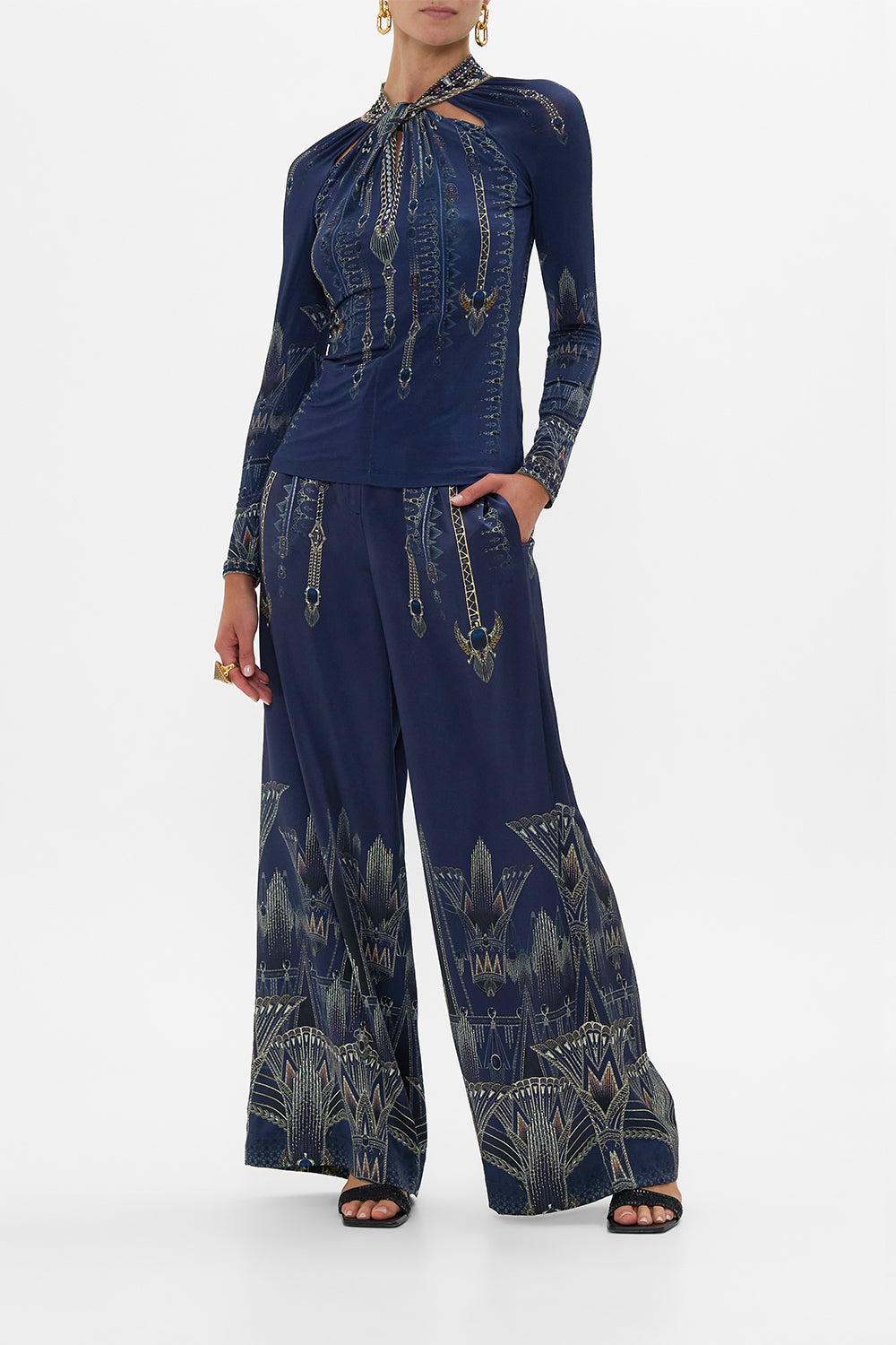 CAMILLA Wide Leg Waisted Pant in The Egypt Effect print