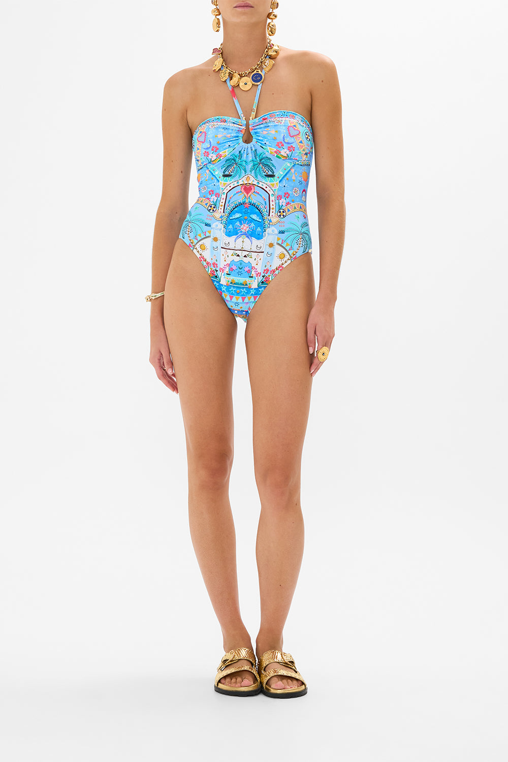 CAMILLA Bandeau One Piece With Ring Trim in A Painted Village print