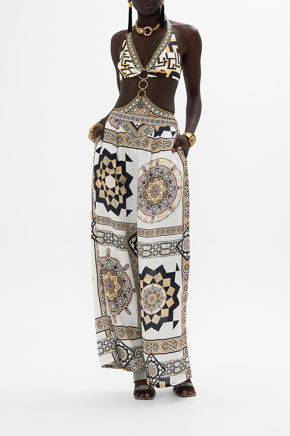 CAMILLA Tri-Ring Front Cut Out One Piece in Temples Of Dendara Print.