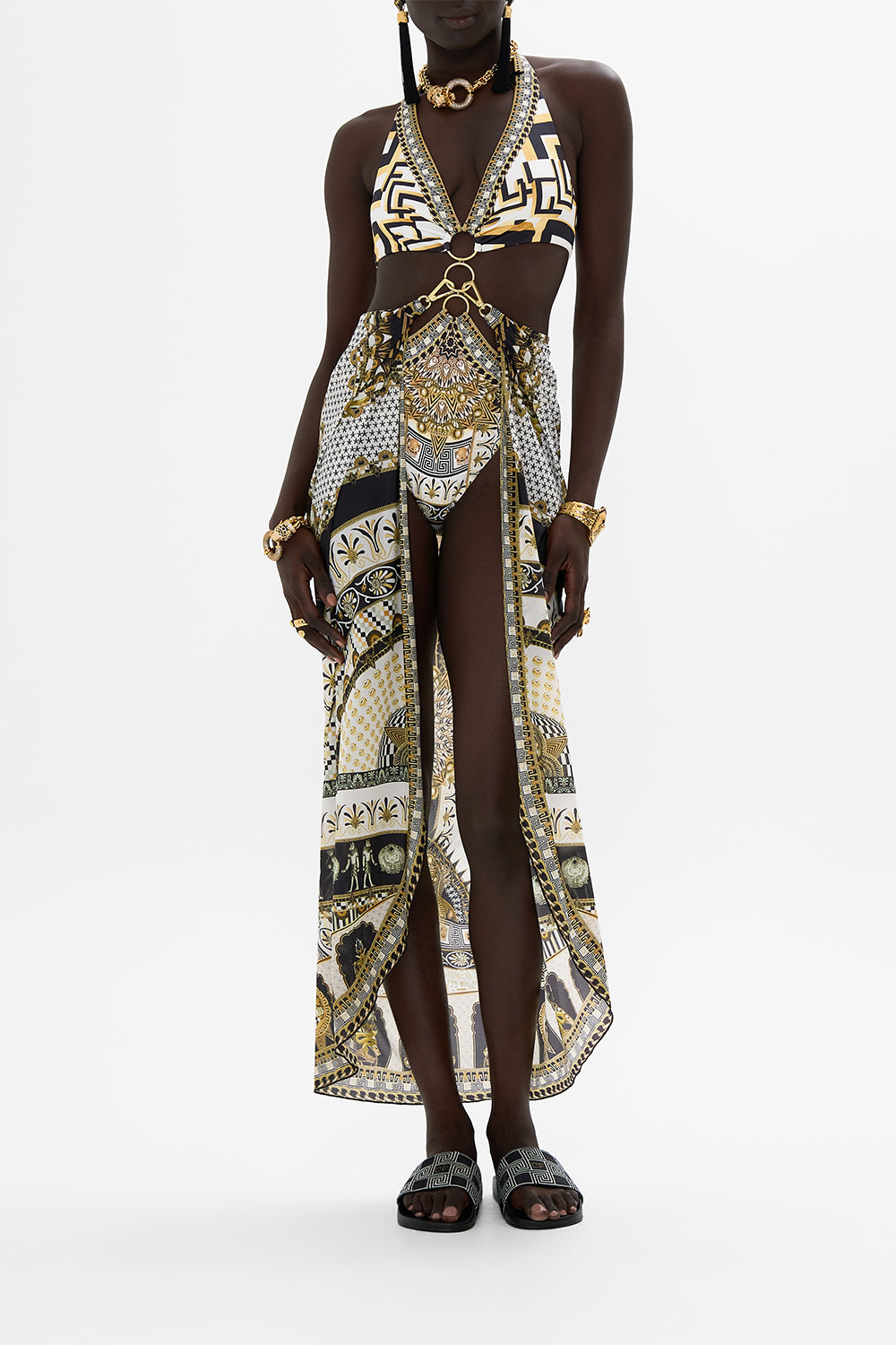 CAMILLA Tri-Ring Front Cut Out One Piece in Temples Of Dendara Print.