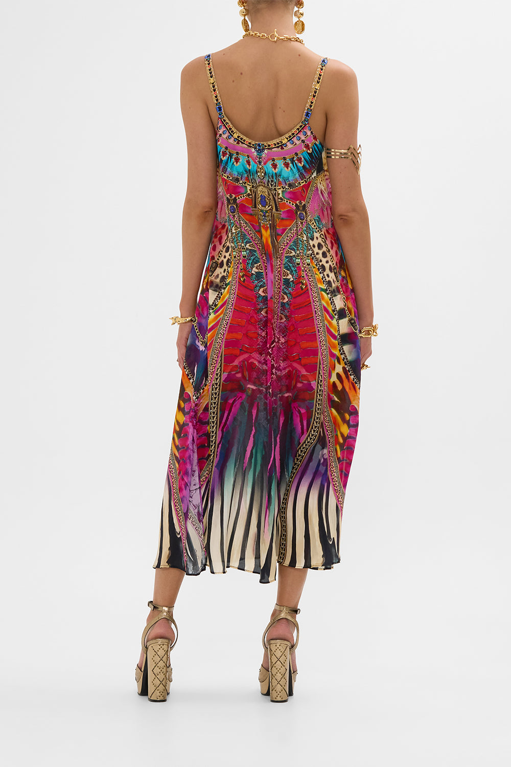 CAMILLA V-Neck Midi Slip Dress in Sahara Supernatural print.