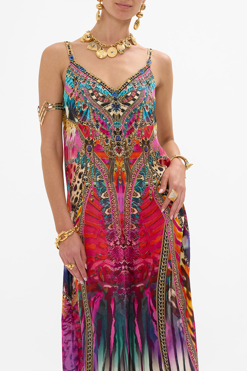 CAMILLA V-Neck Midi Slip Dress in Sahara Supernatural print.