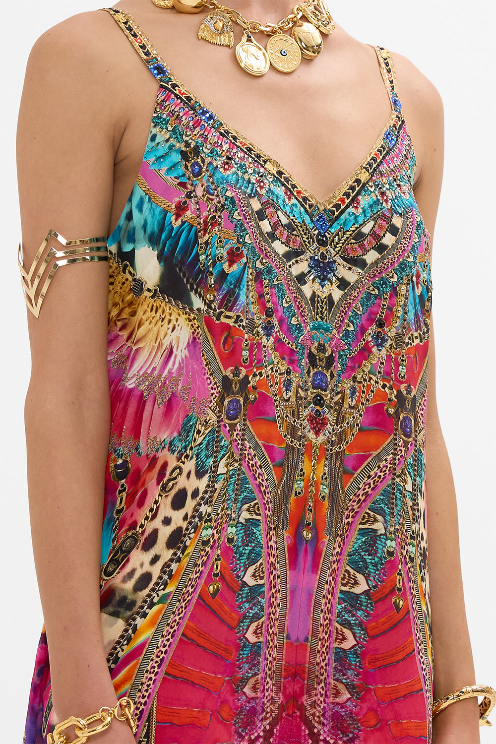 CAMILLA V-Neck Midi Slip Dress in Sahara Supernatural print.