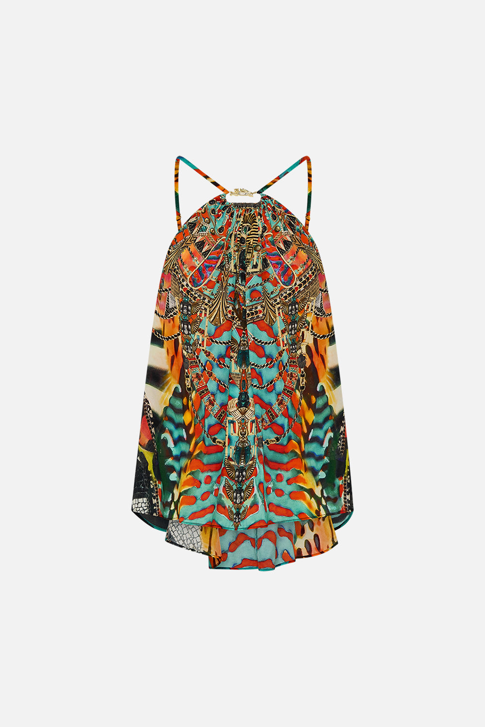 CAMILLA Gather Neck Hardware Top in Desert Visions print.