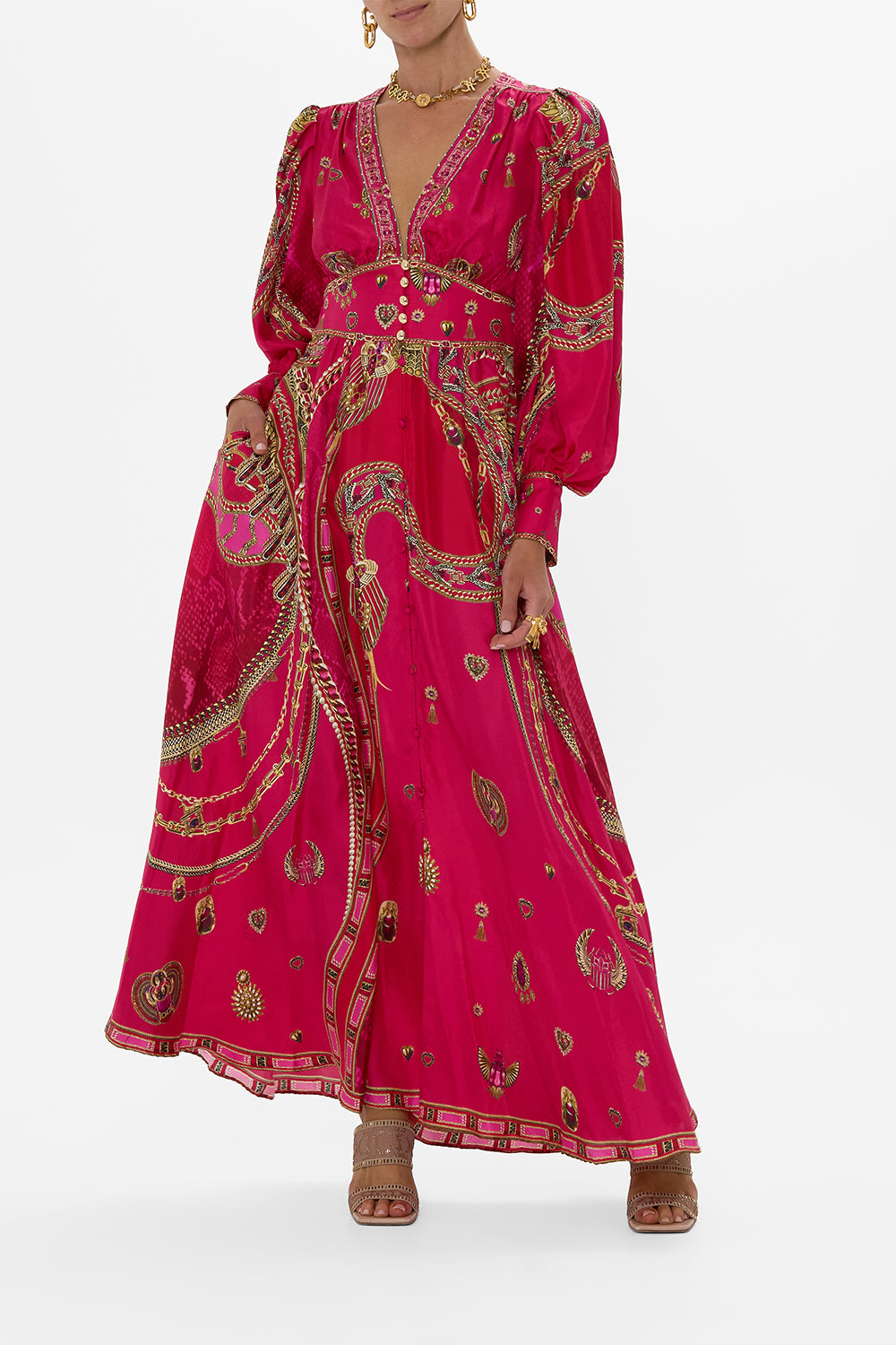 CAMILLA Shaped Waistband Dress With Gathered Sleeves in Kissed By A Cobra print