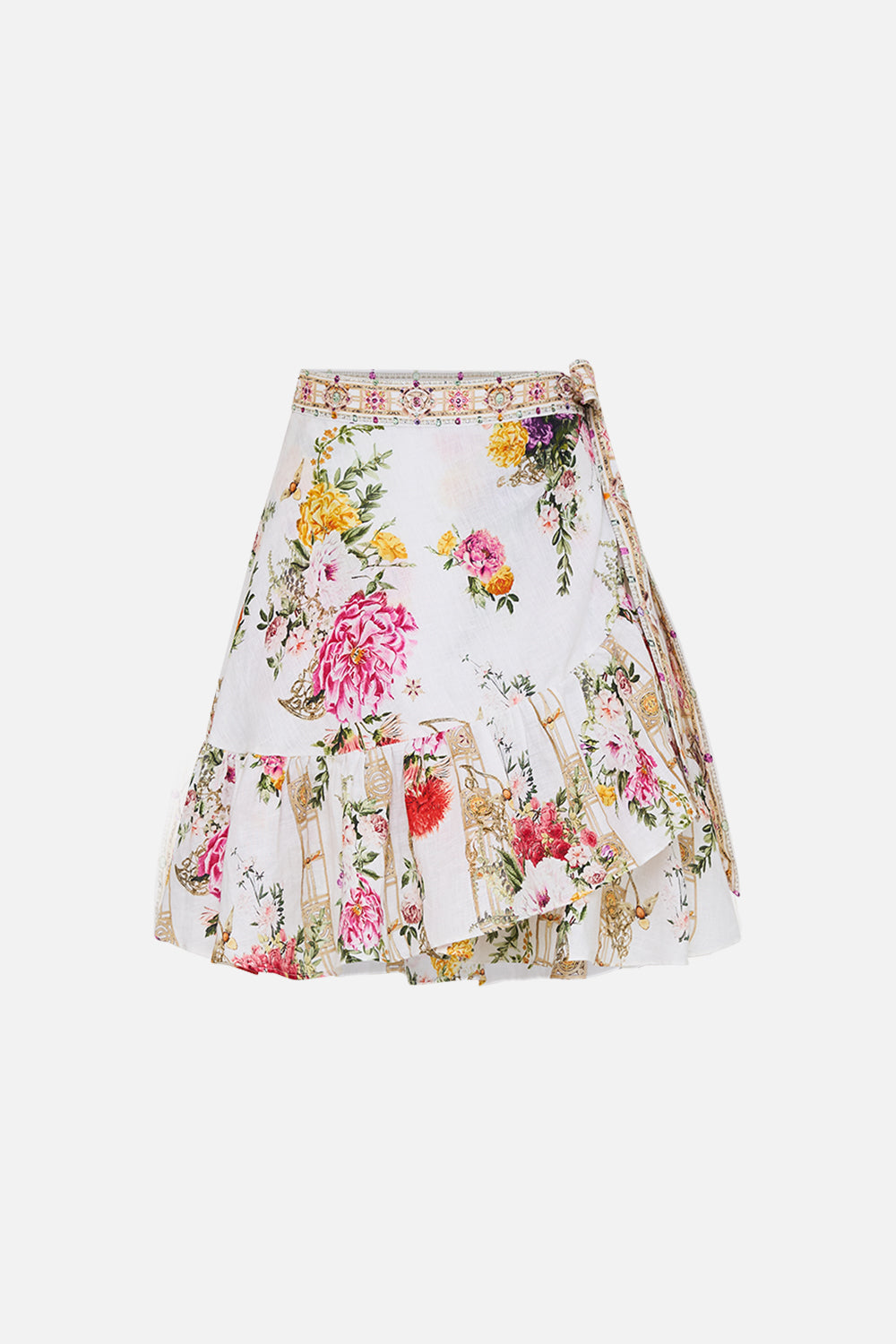 CAMILLA Ruffle hem wrap skirt in Egyptian rose print.