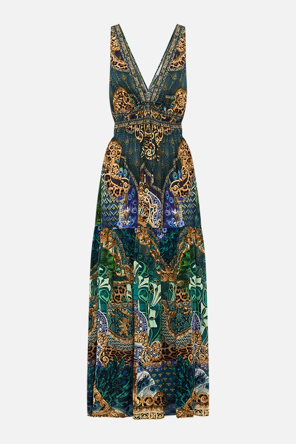 Product view of CAMILLA silk maxi dress in Peacock Rock print