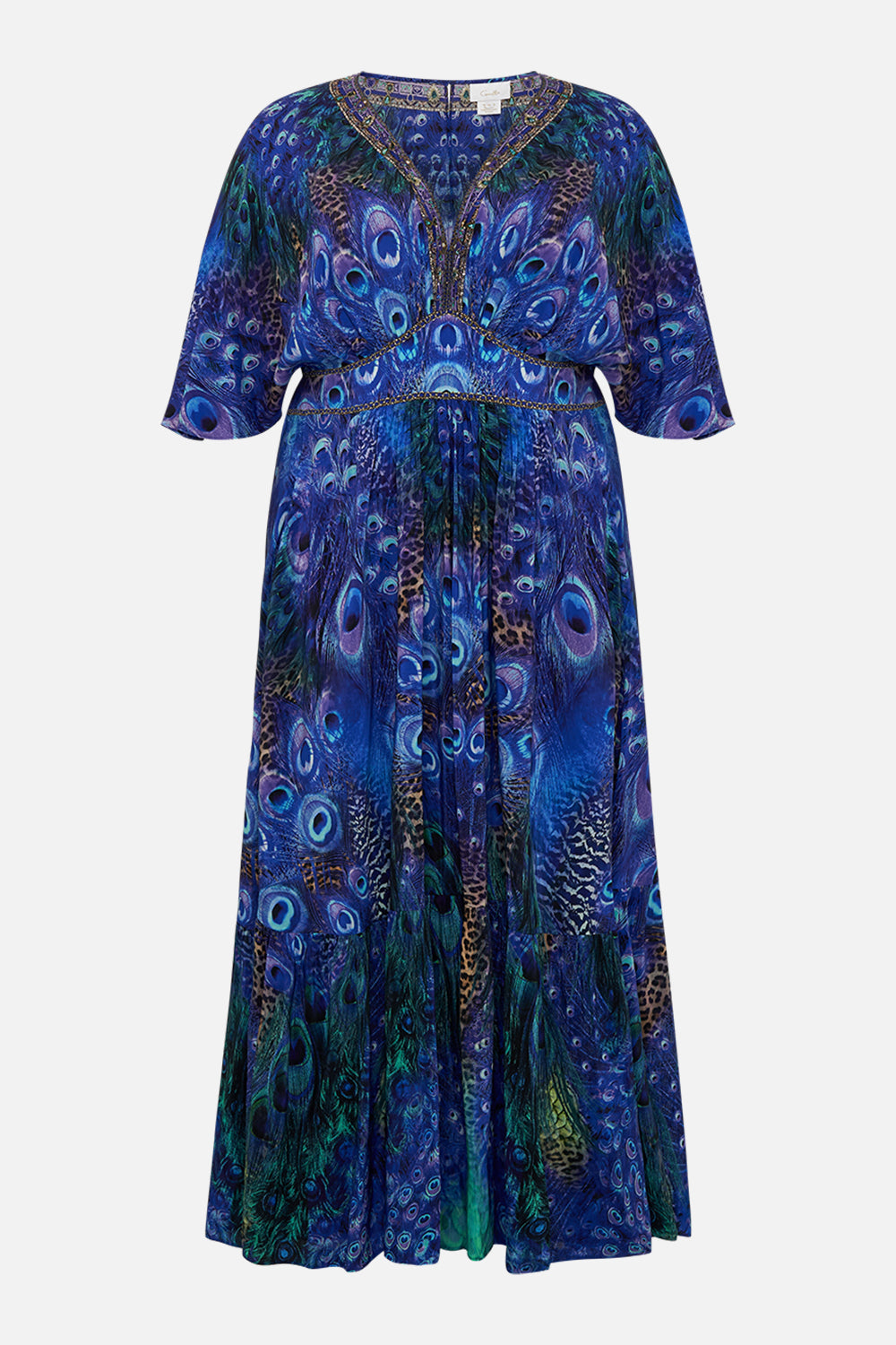 WAISTED DRESS WITH HEM RUFFLE PEACOCK ROCK