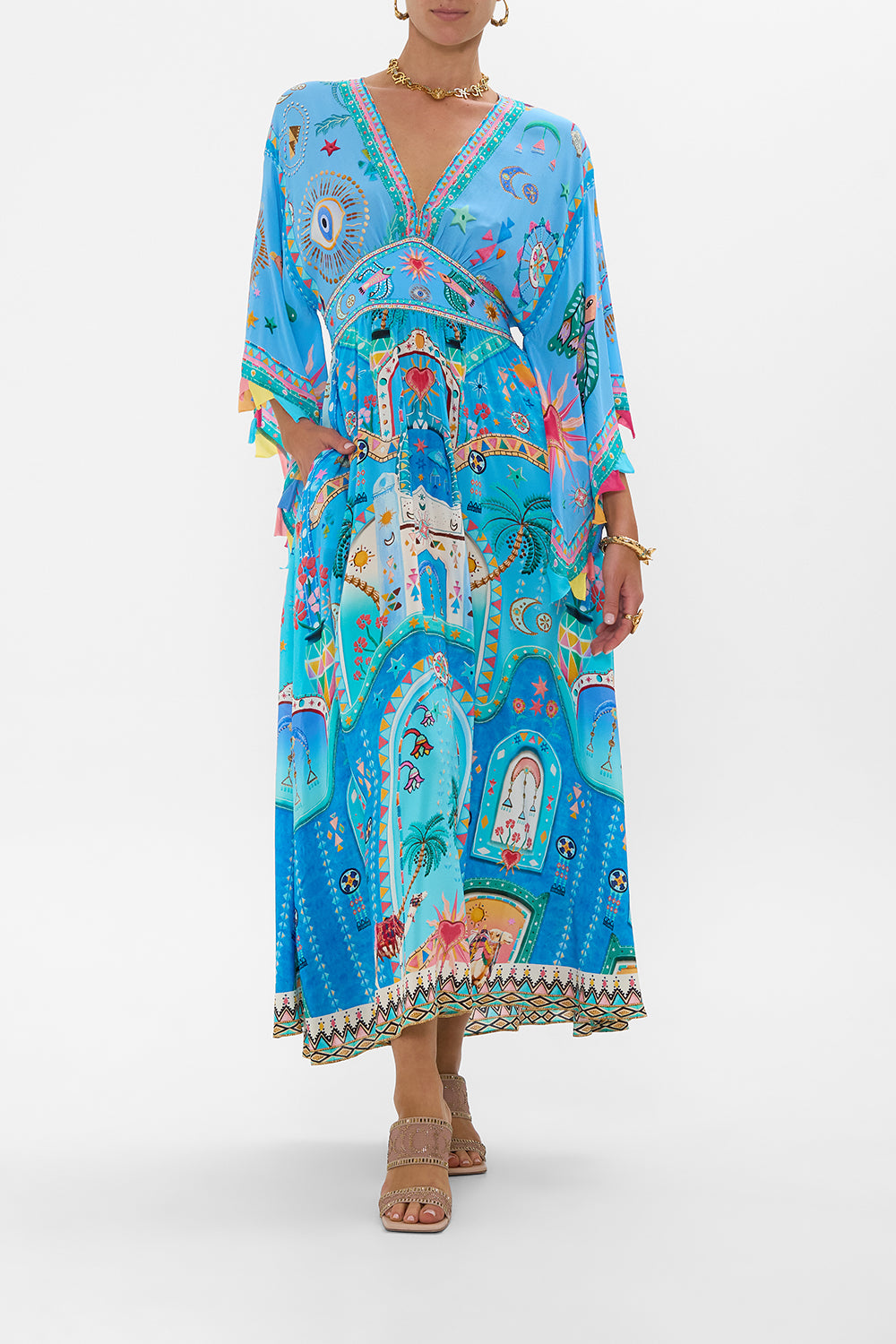 CAMILLA Waisted Dress With Kimono Sleeve in A Painted Village print
