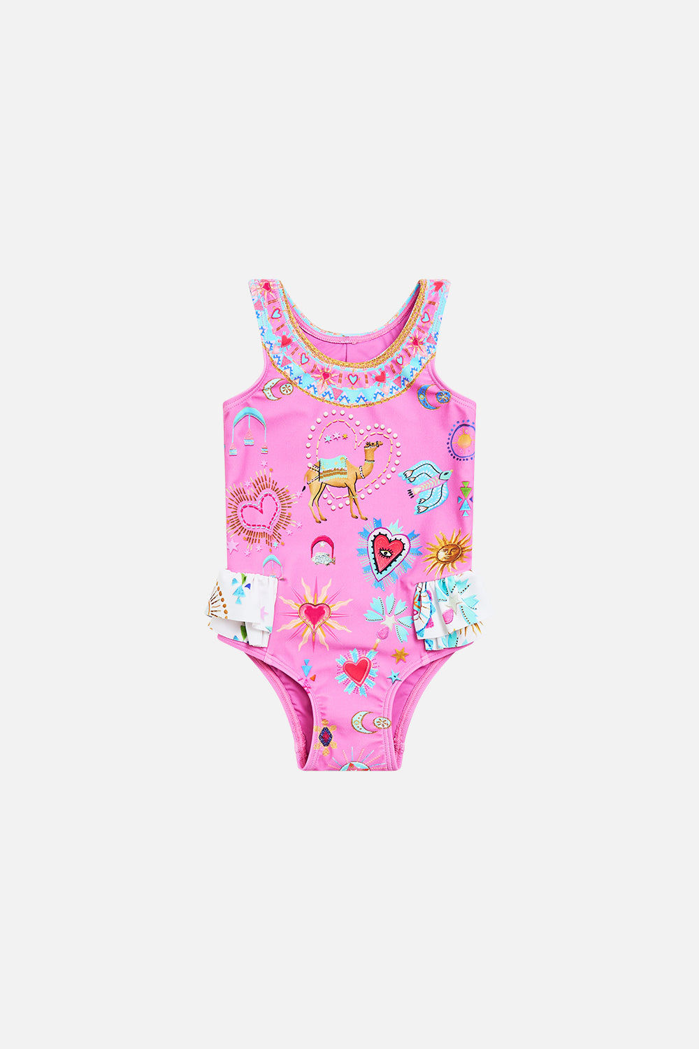 CAMILLA Babies Ruffle Back One Piece in Rainbow Roads print